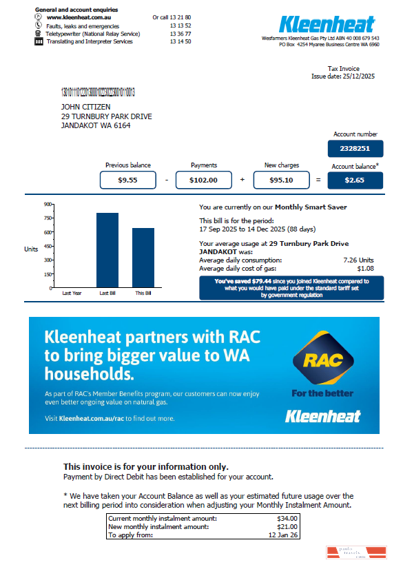 Australia Kleenheat utility bill template in Word and PDF formats